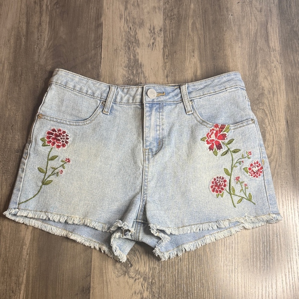 Ashley Mason Light Blue Jean Shorts with Red Floral Embroidery